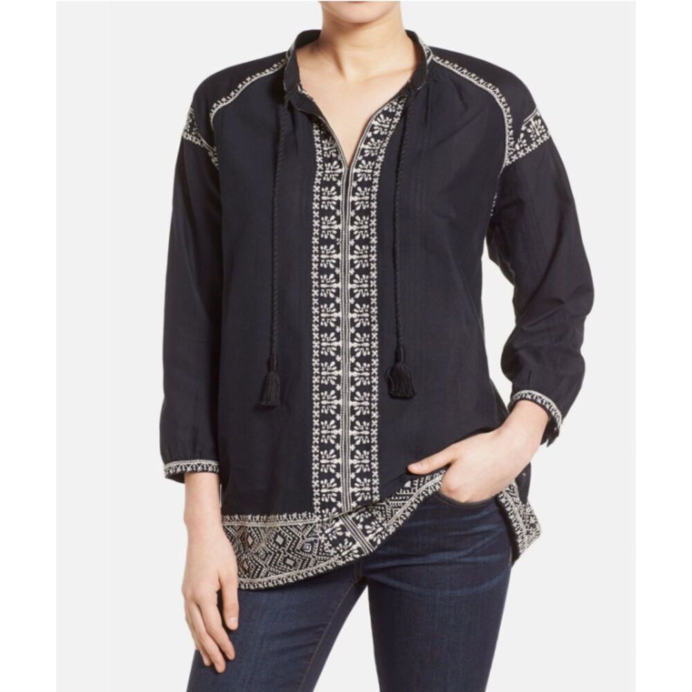 Madewell Camelia Black White Embroidered Boho Peasant Tassel Top Blouse M (flaw)